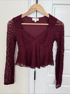 La Peche Women’s Lace Top Crop Blouse Burgundy Maroon Wine, size Small